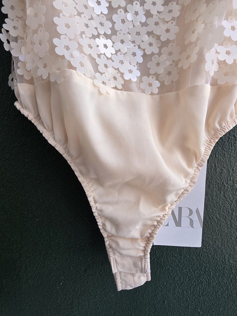 ZARA Cream Floral Mesh Bodysuit - Sheer Lace Appliqué - Picture 3 of 15